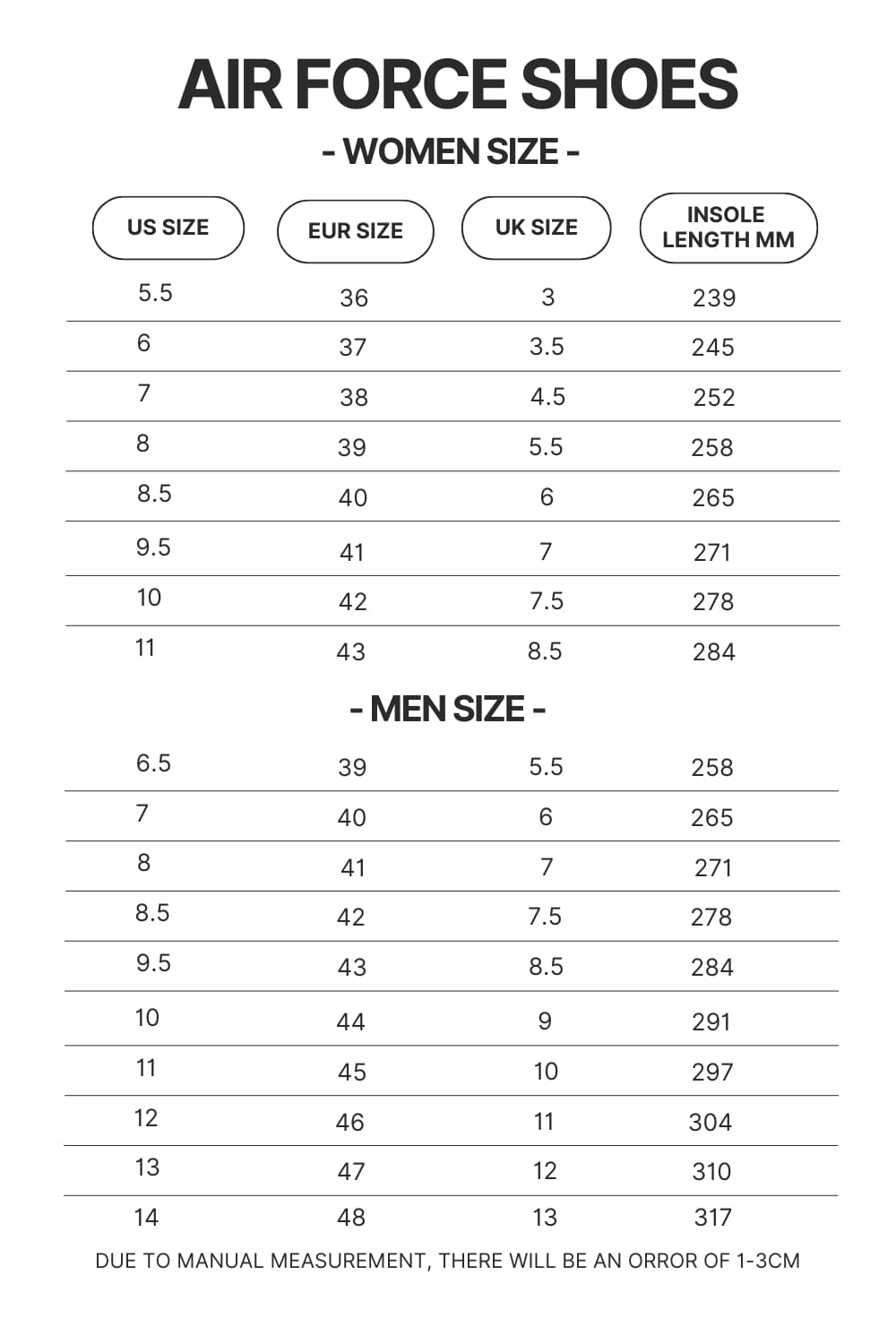 Air Force Shoes Size Chart - Bleach UK Shop