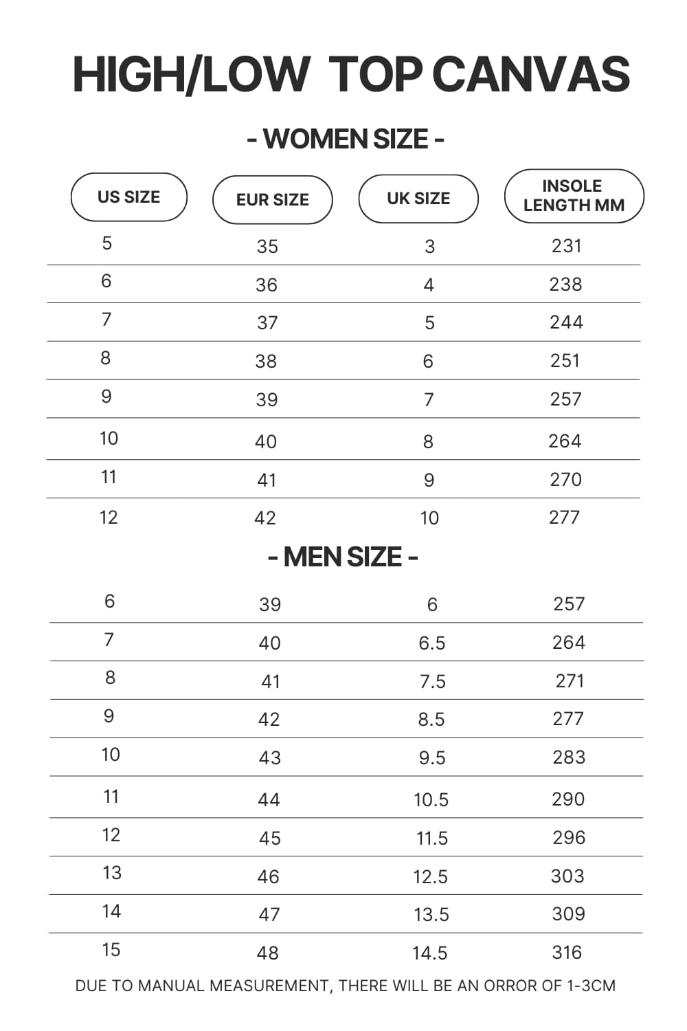 High Top Low Top Canvas Shoes Size Chart - Bleach UK Shop