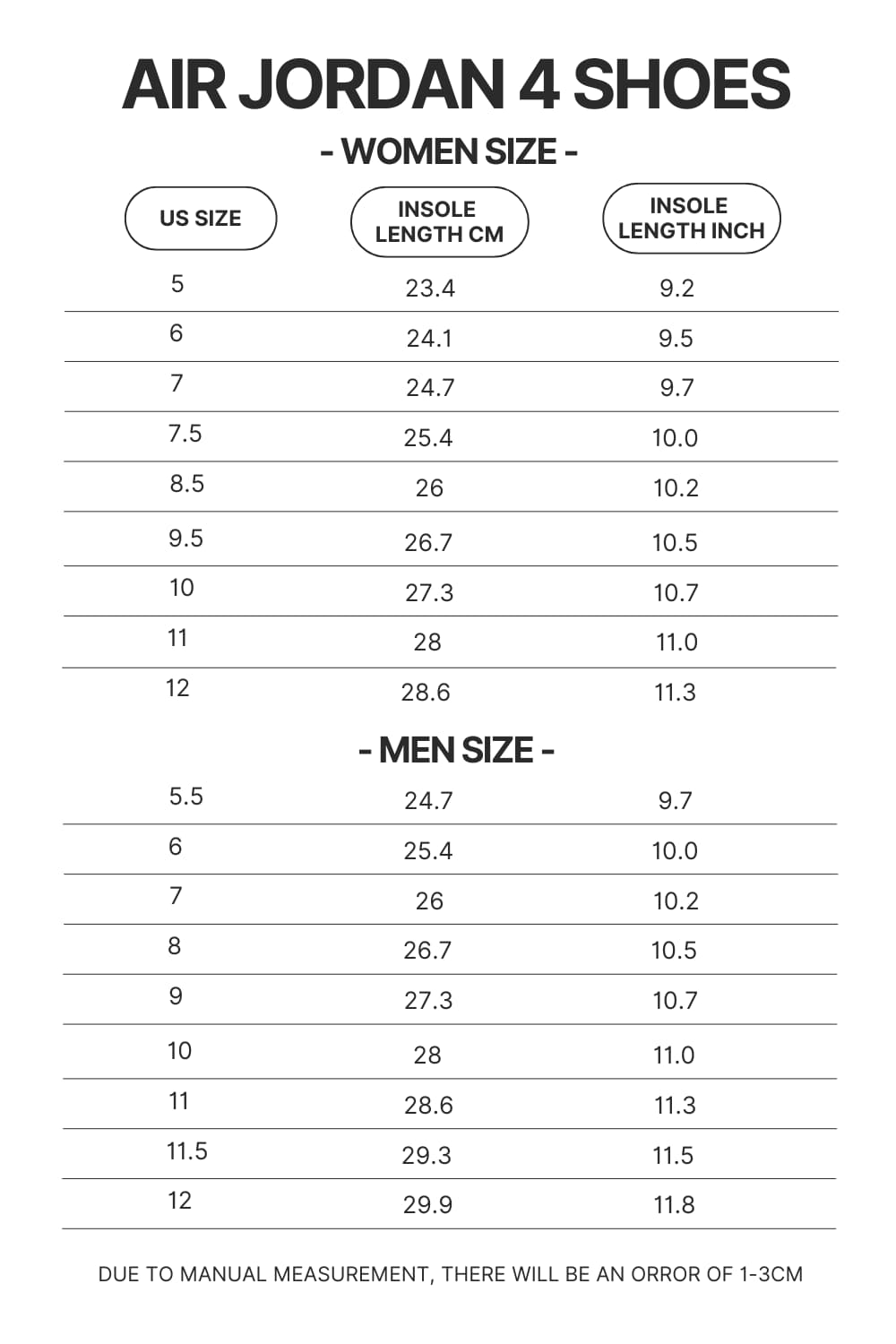 Air Jordan 4 Shoes Size Chart - Bleach UK Shop