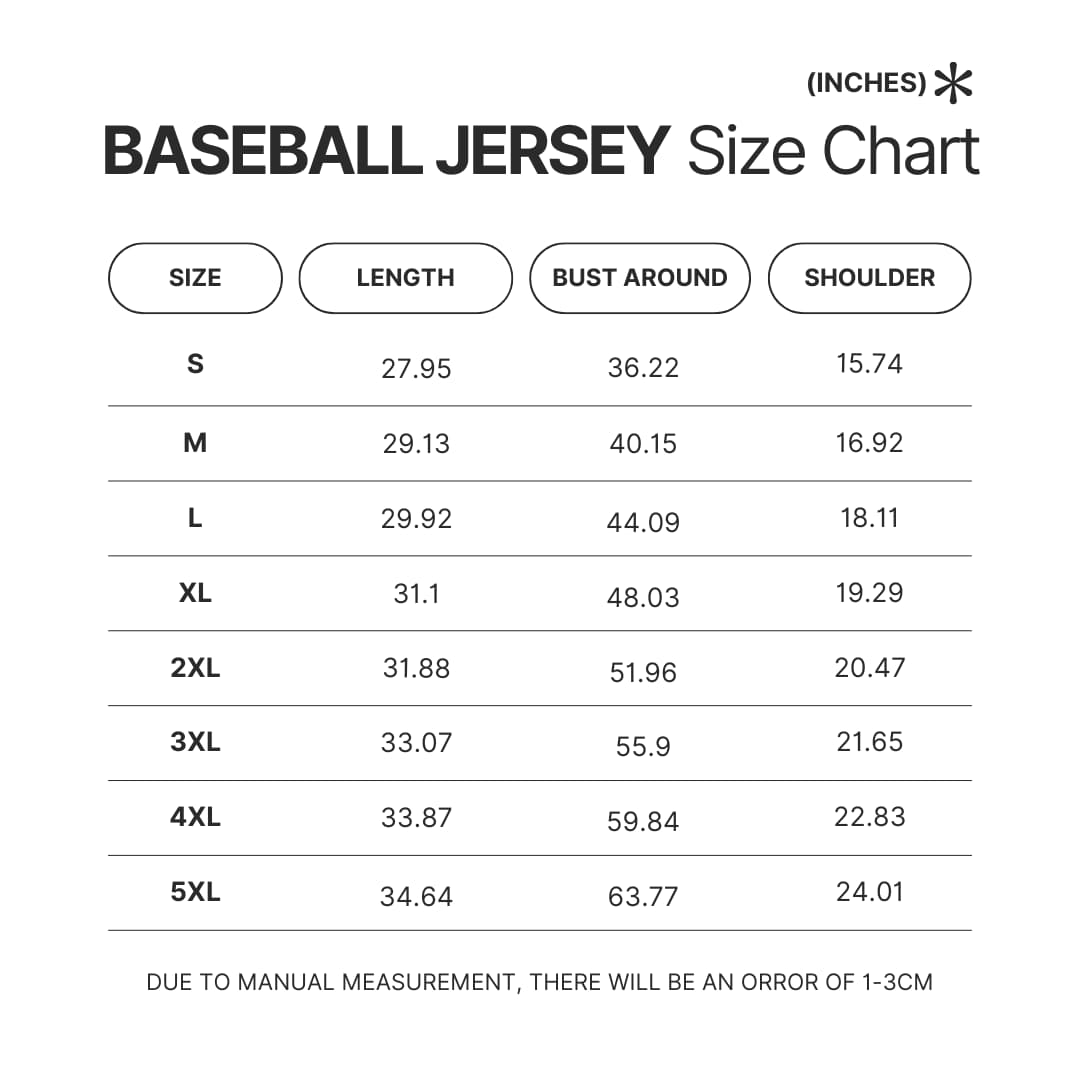 Baseball Jersey Size Chart - Bleach UK Shop
