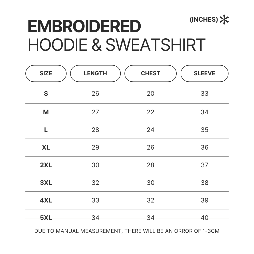 Embroidered Hoodie Sweatshirt Size Chart - Bleach UK Shop