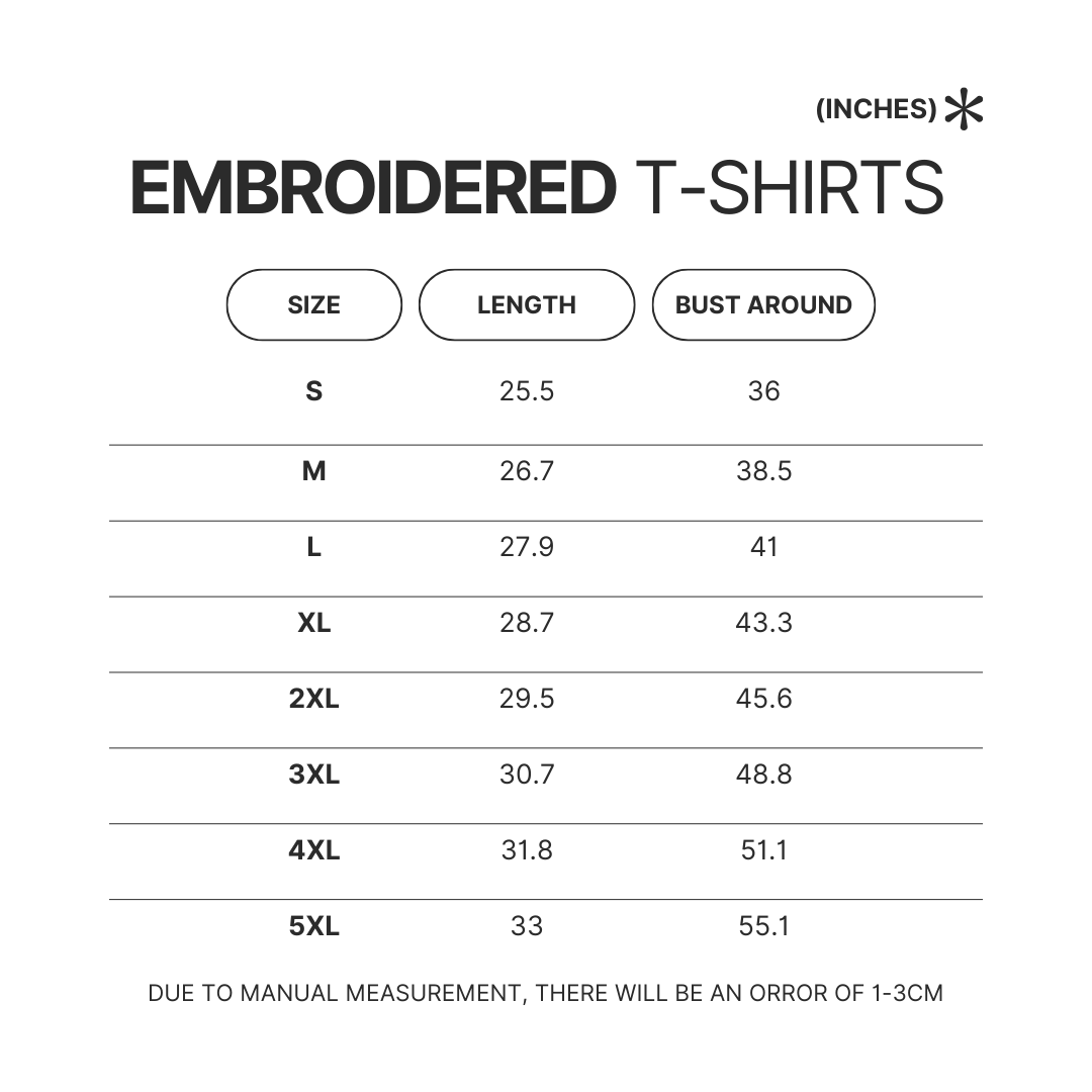 Embroidered T shirt Size Chart - Bleach UK Shop
