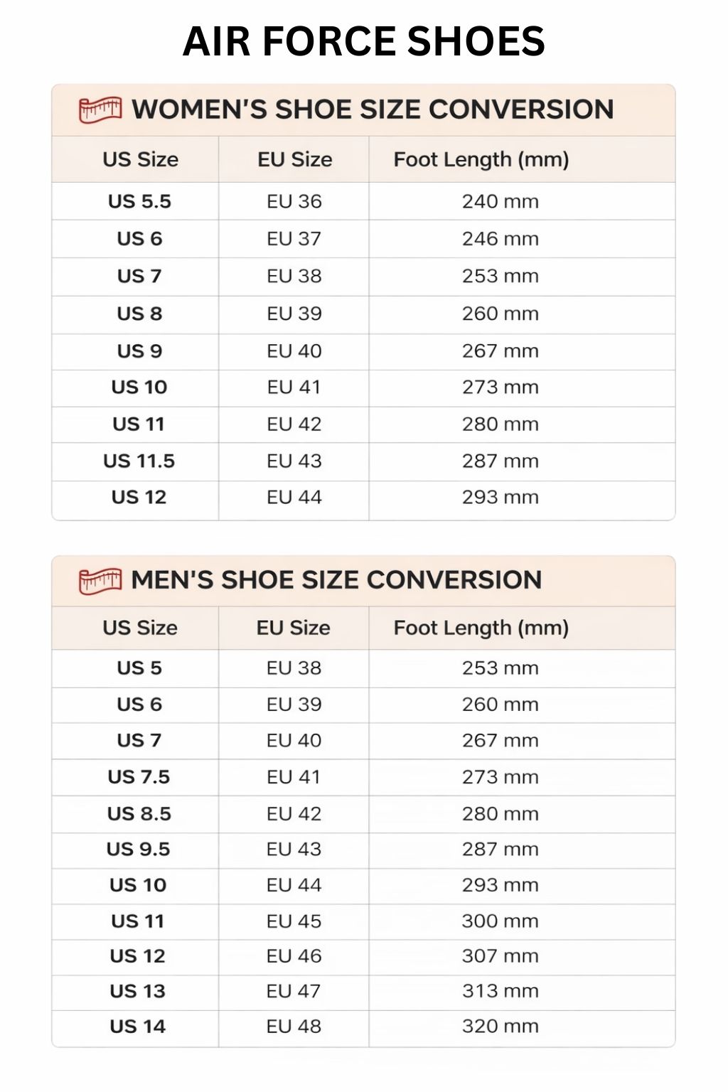 Air Force Shoes Size Chart - Bleach UK Shop